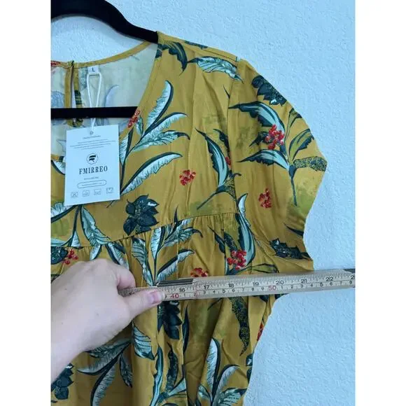 NWT Women's Long Yellow Tropical Flowy Belt Tie Dress Jumper Style Large - Picture 3 of 13